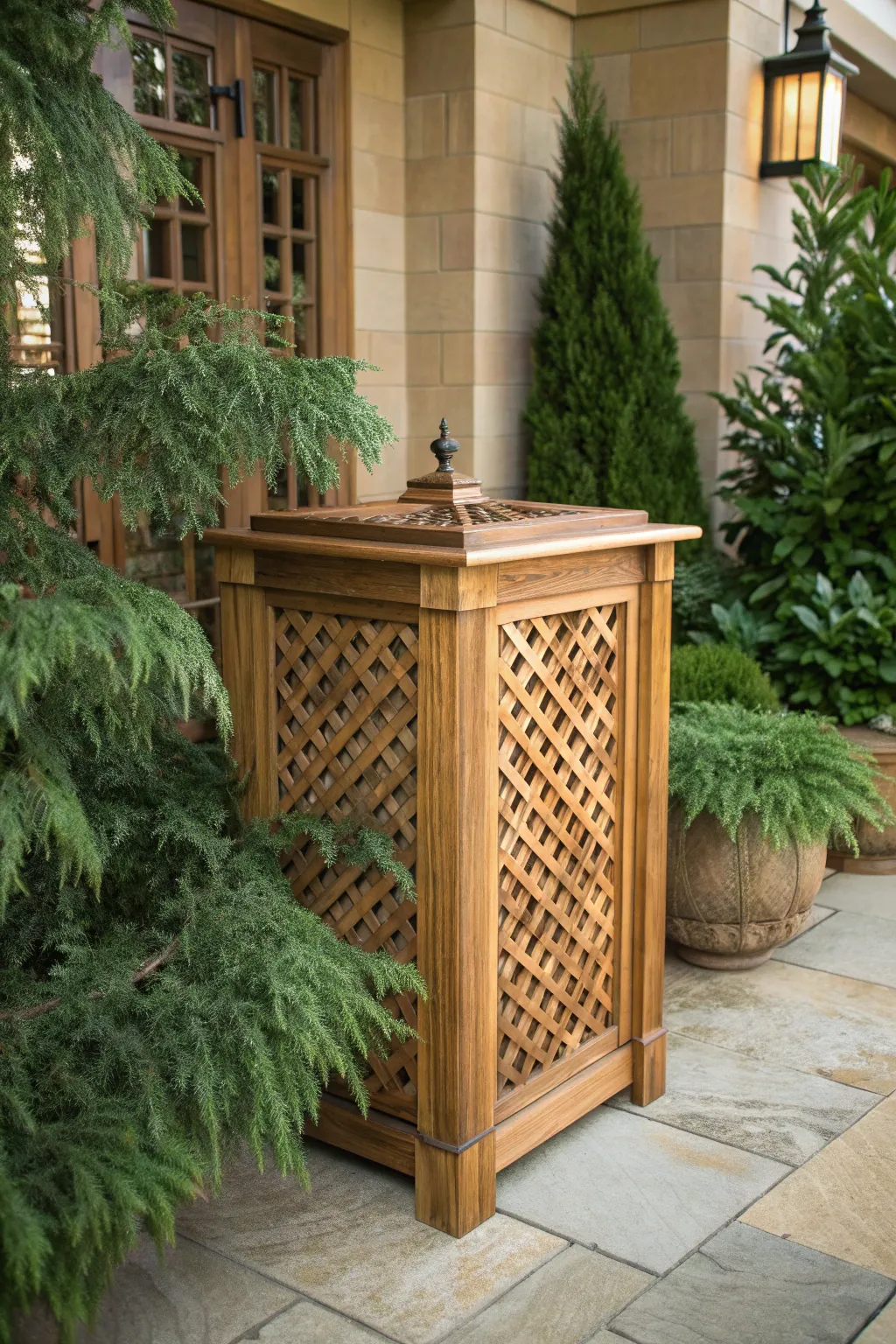 Elevate your outdoor space with this stunning handcrafted wooden trash can cover, perfectly complemented by lush evergreen screening.