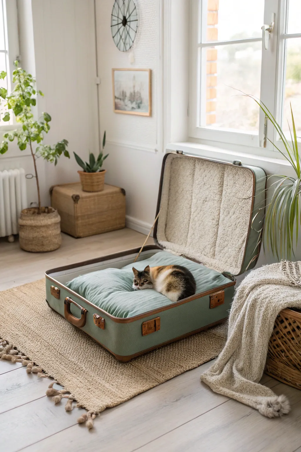 Turn an old suitcase into a stylish pet haven – where minimalist charm meets boho chic.