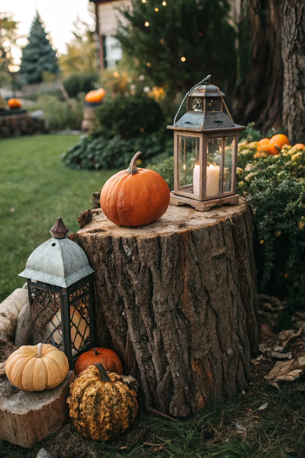 Transform your garden with a rustic tree stump display, perfect for showcasing seasonal charm.