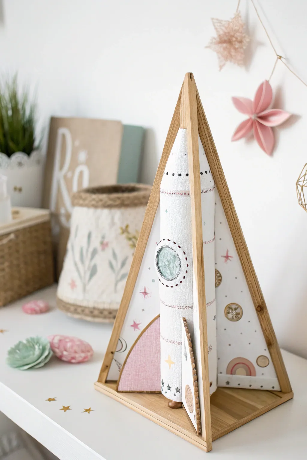 Ignite imagination with these charming triangle space rockets, perfect for little explorers.