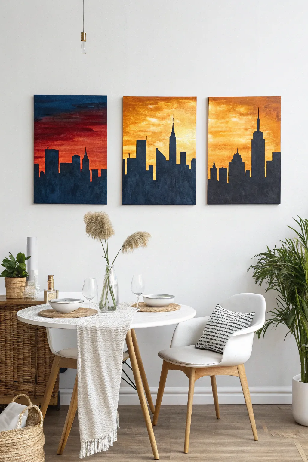Energize your dining space with vibrant cityscape art that captures the essence of urban charm.