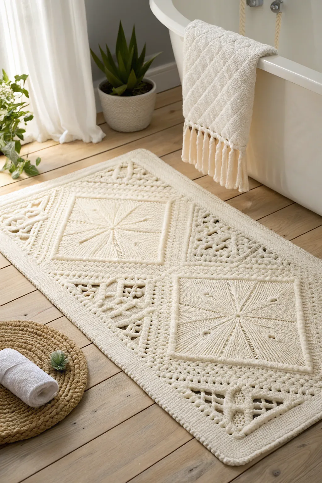 Indulge in elegance and craftsmanship with a luxurious Tunisian crochet bath mat.