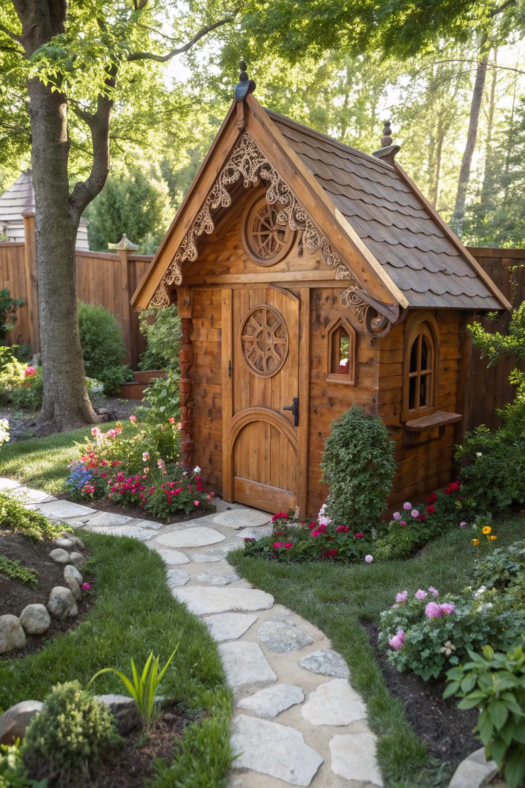 Discover the magic of a secret garden playhouse, where craftsmanship meets nature's wonder.