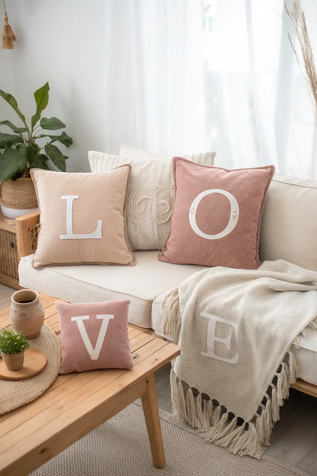Embrace warmth and elegance with handcrafted letter cushions that spell 'Love'—a minimalist touch that speaks volumes.
