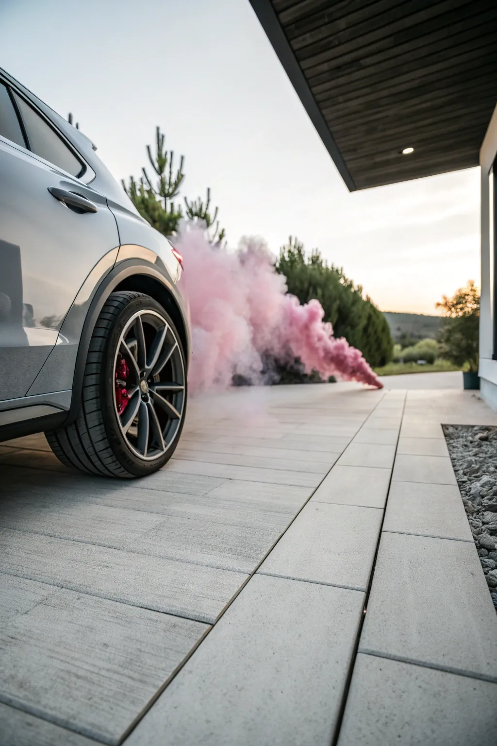 Rev up the excitement with a unique gender reveal: pastel pink smoke tires for a memorable announcement!
