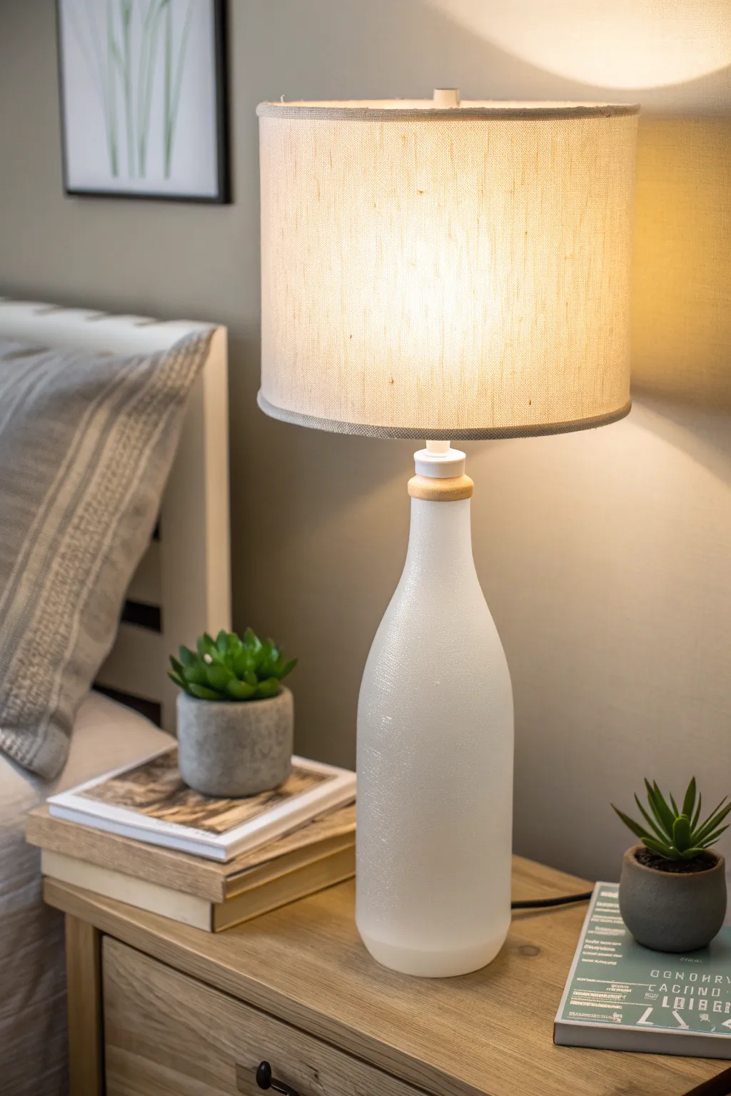 Illuminate your space with elegance and eco-conscious style: Upcycled bottle lamp for a cozy glow.