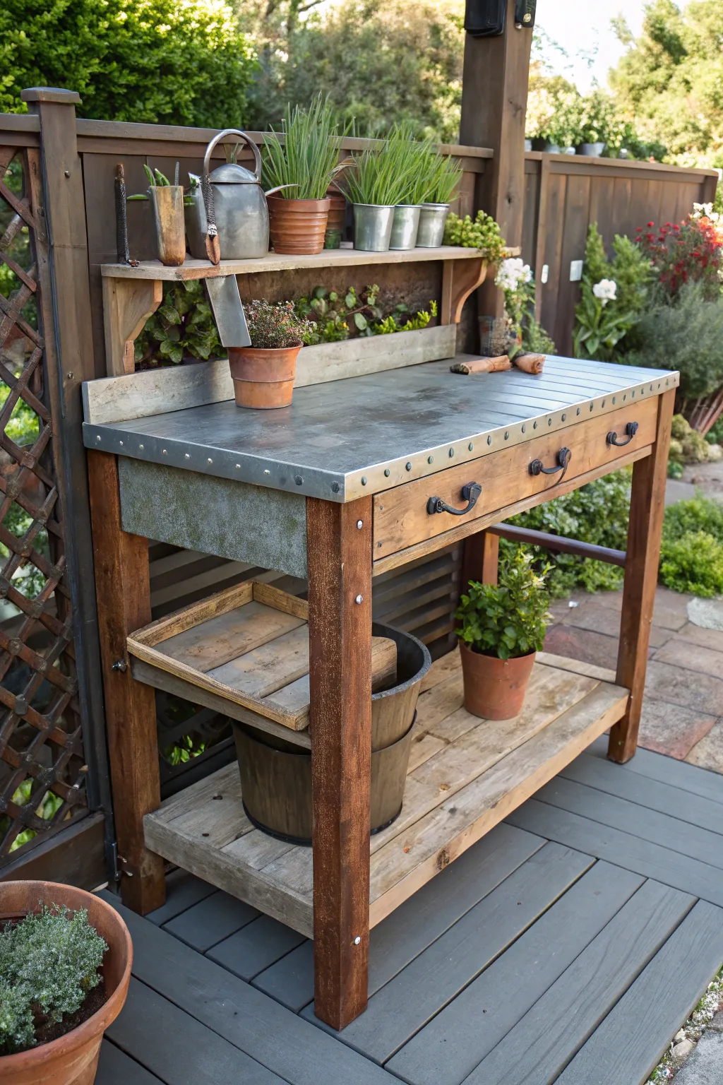 Give your old patio table a new life as a stylish potting bench, perfect for all your planting needs.