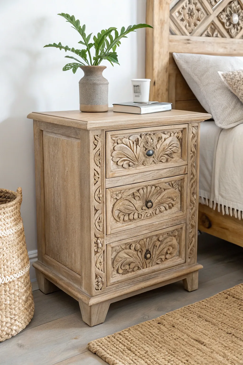 Transform your space with this upcycled nightstand, where intricate carvings meet minimalist elegance.