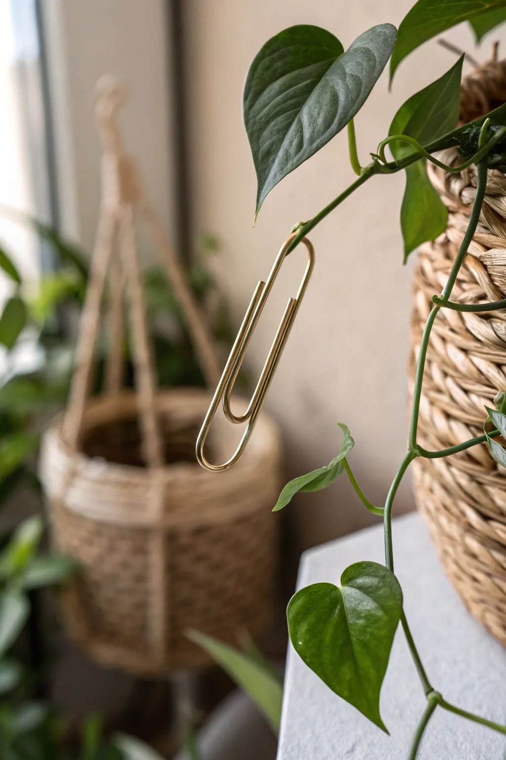 Transform a simple paper clip into a chic plant support, blending minimalism with natural elegance.