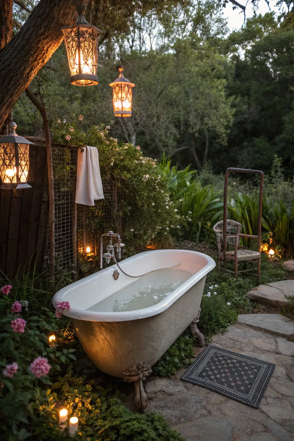 Unwind in elegance with a luxurious outdoor bath under the stars.