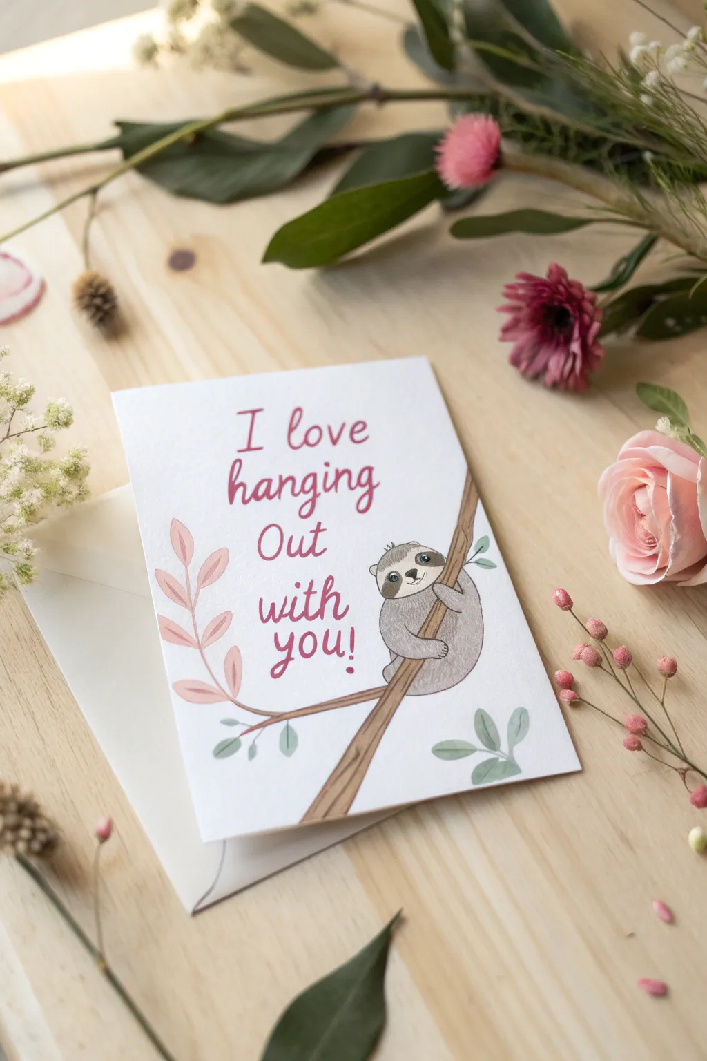 Delight your friends this Valentine's with a charming sloth-themed card that says it all: 'I love hanging out with you!' – a perfect blend of simplicity and warmth.