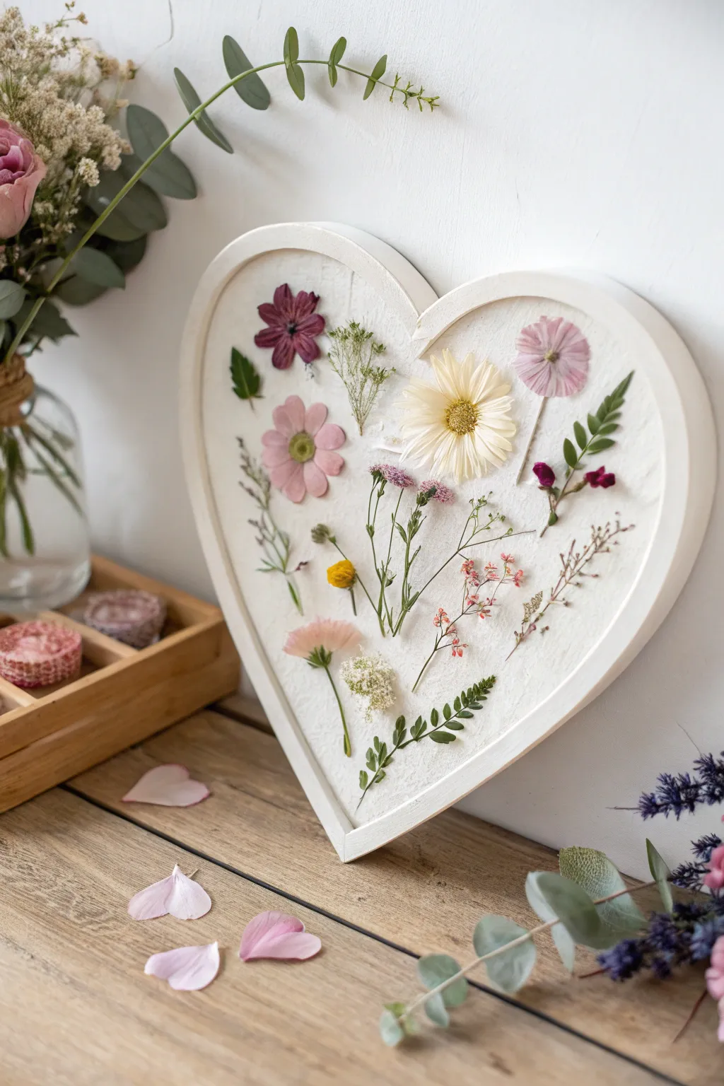 Celebrate love and nature with this exquisite pressed flower heart, a perfect blend of elegance and simplicity.