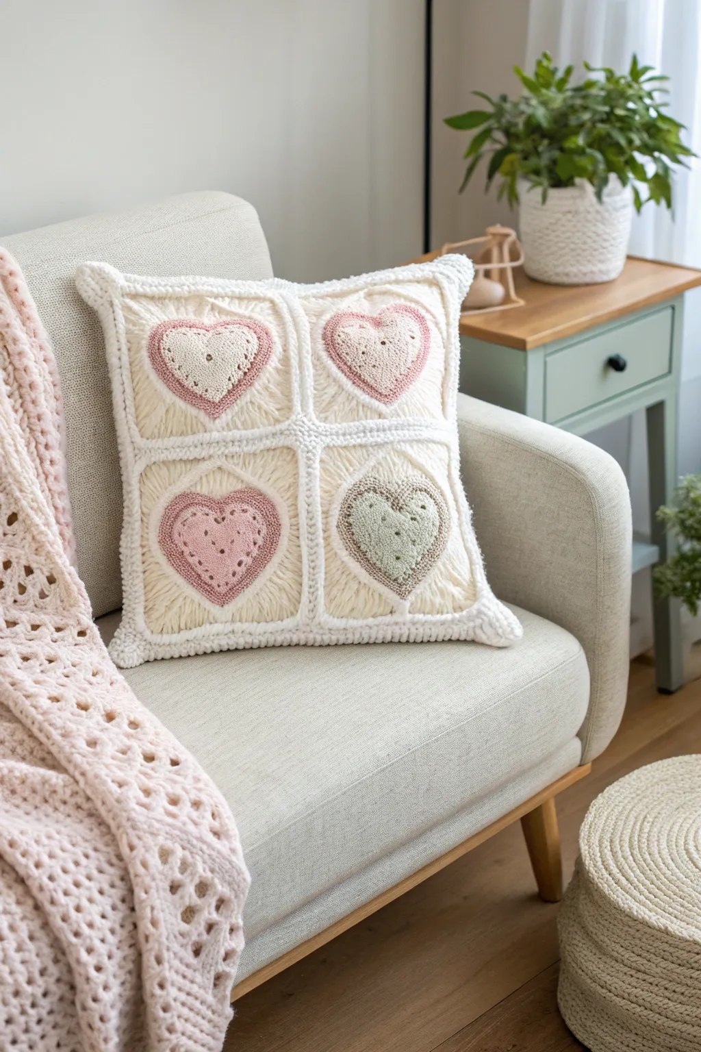 Add a touch of love to your home with this charming crochet sweetheart pillow. Perfect for Valentine's Day decor!