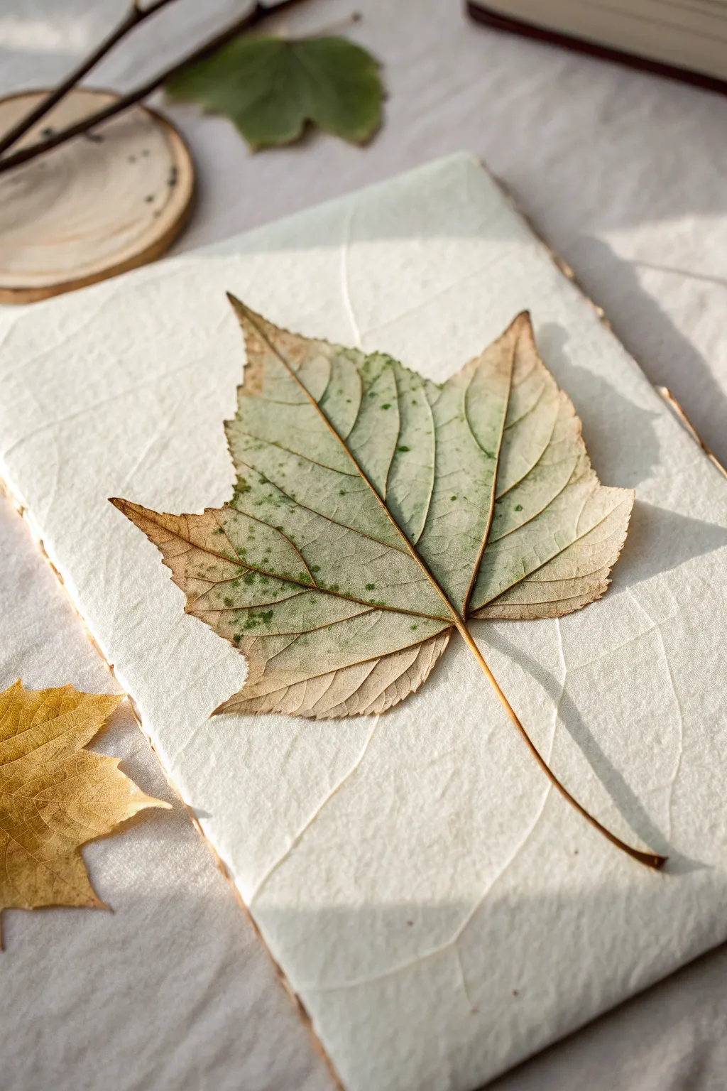 Embrace nature's elegance with pressed leaves for your Valentine's Day scrapbook.