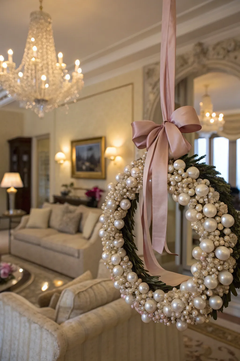 Pearls and ribbons bring a sophisticated elegance to this wreath.