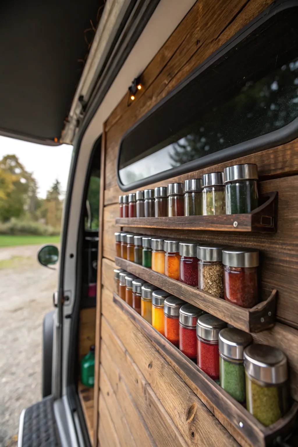 Elevate your van kitchen with a handcrafted magnetic spice rack—where functionality meets artistry.