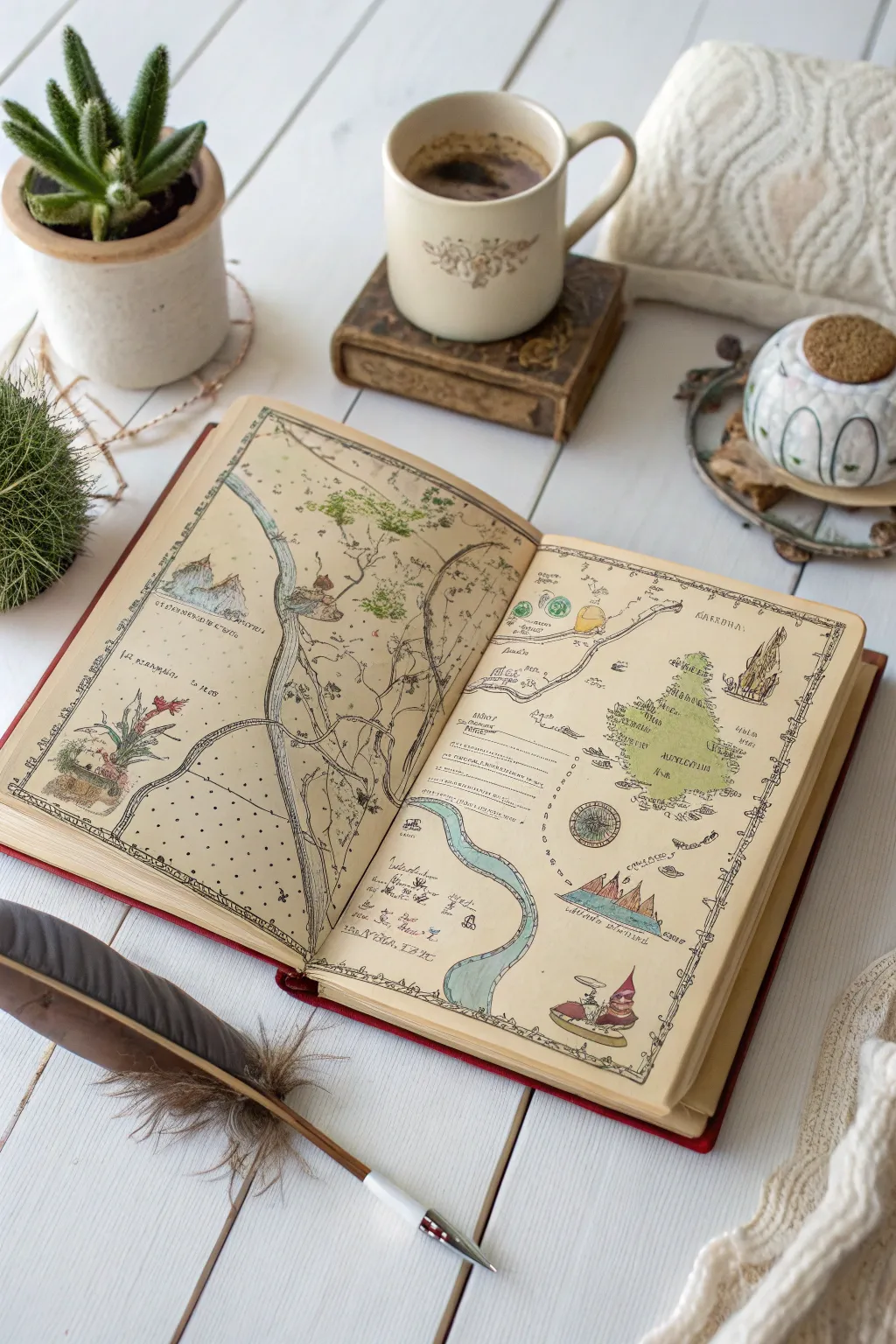 Embark on whimsical adventures with your own hand-drawn fantasy maps in a vintage journal.