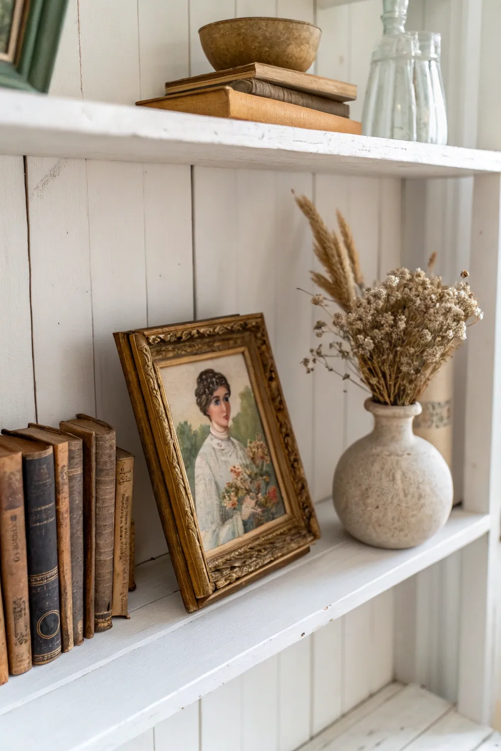 Effortless elegance: Layer vintage art for a cozy and curated bookshelf display.