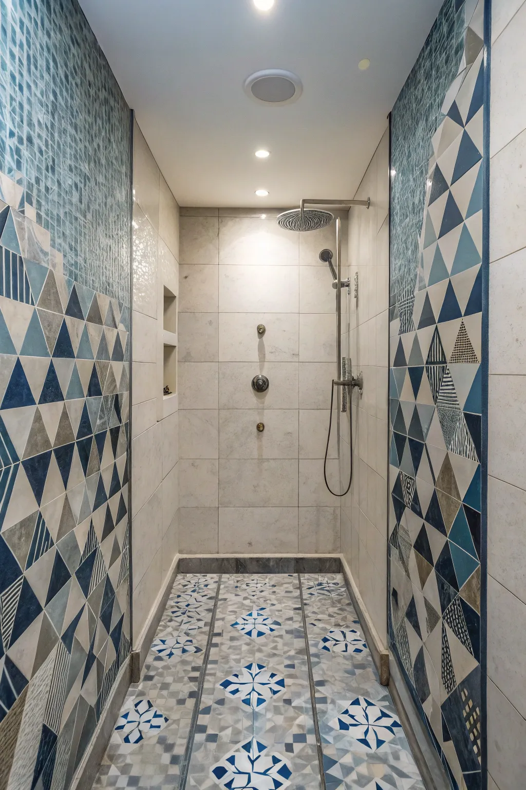 A double shower showcasing unique tiling patterns for a creative flair.