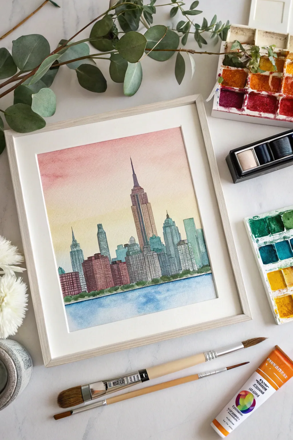 Transform urban skylines into vibrant watercolor masterpieces with a minimalist touch.