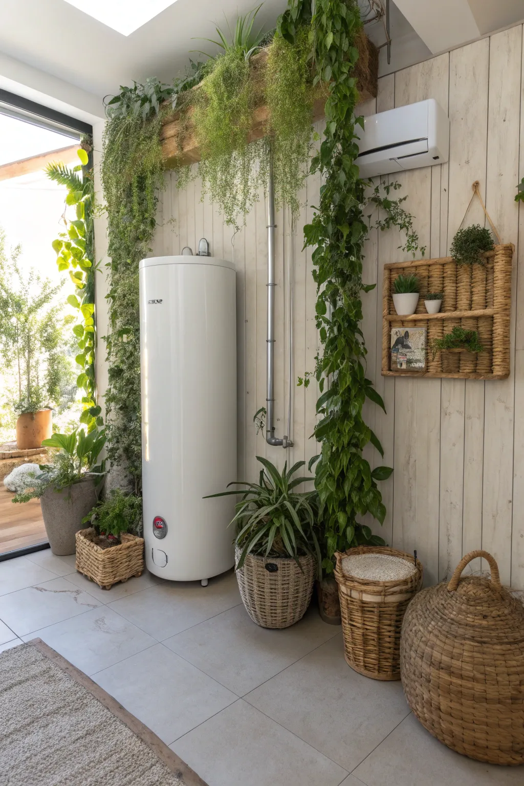A plant wall not only hides your water heater but also breathes life into your living space.