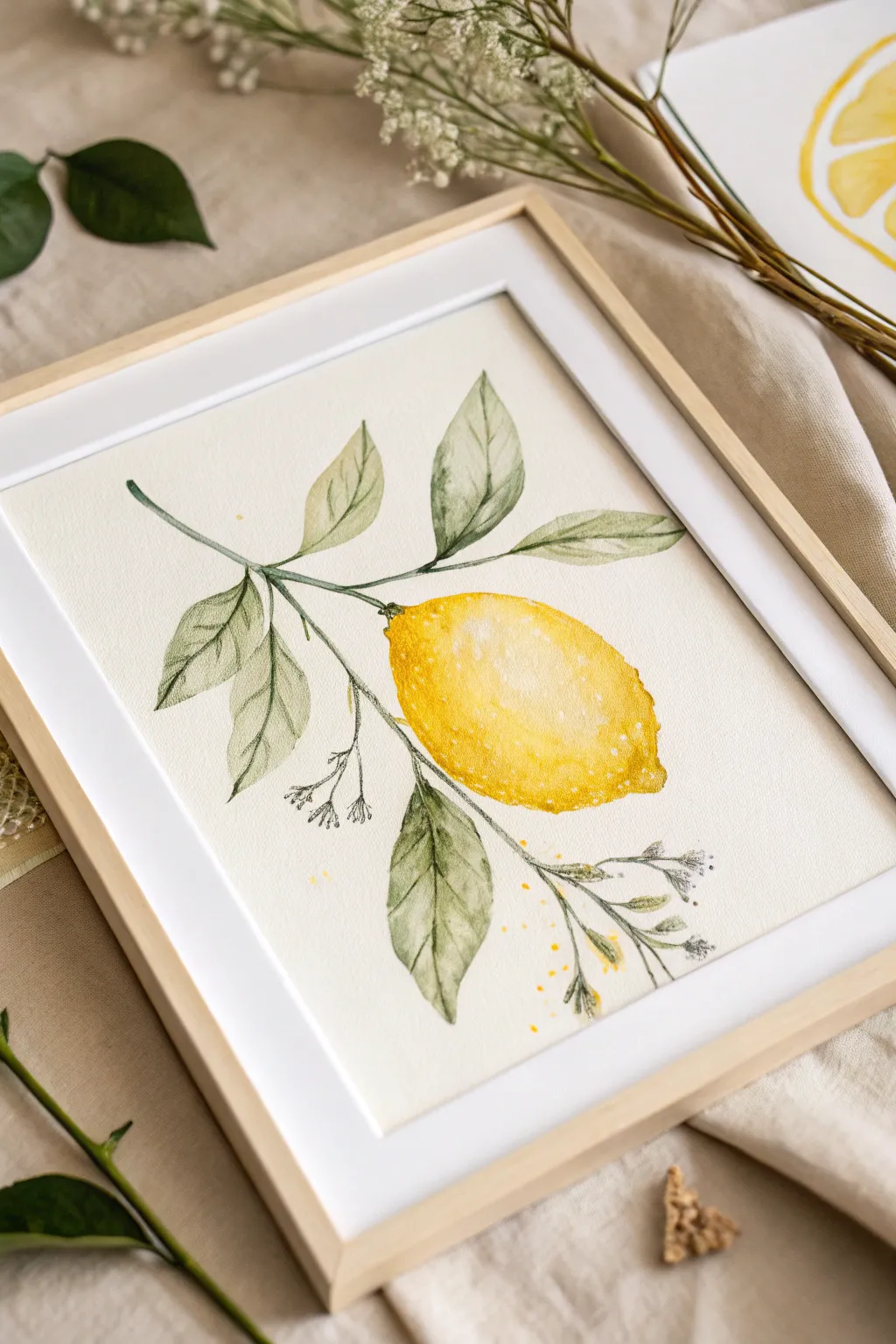 Juicy elegance: A minimalist watercolor lemon illustration that adds a splash of sunshine to your art collection.