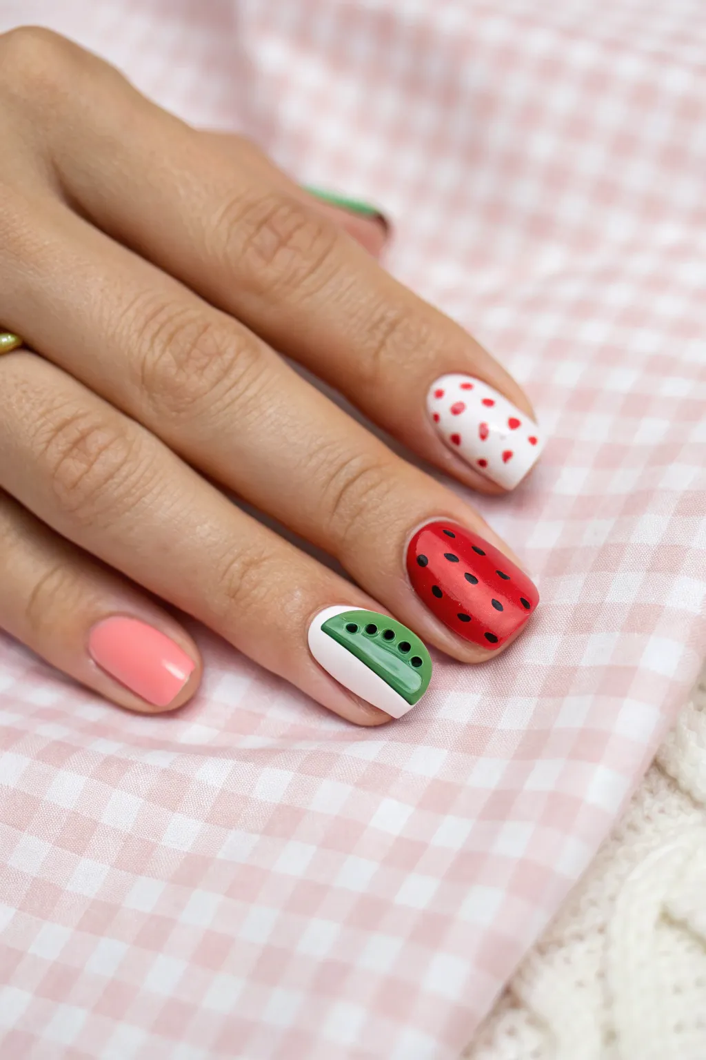 Savor the sweetness of summer with this whimsical watermelon and gingham nail design, perfect for your next picnic daydream.