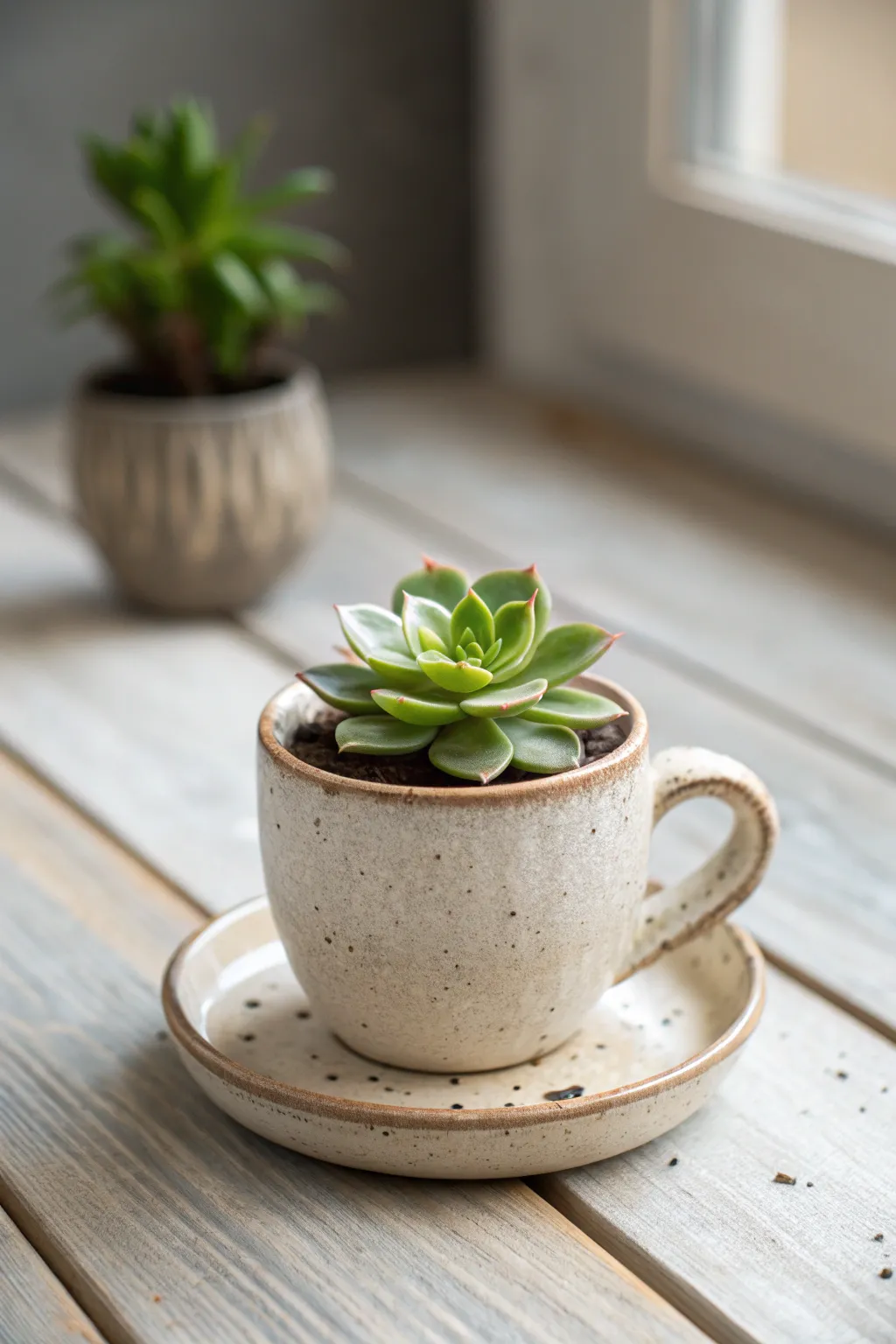 Charming simplicity: A handcrafted teacup succulent planter for a touch of nature in any space.