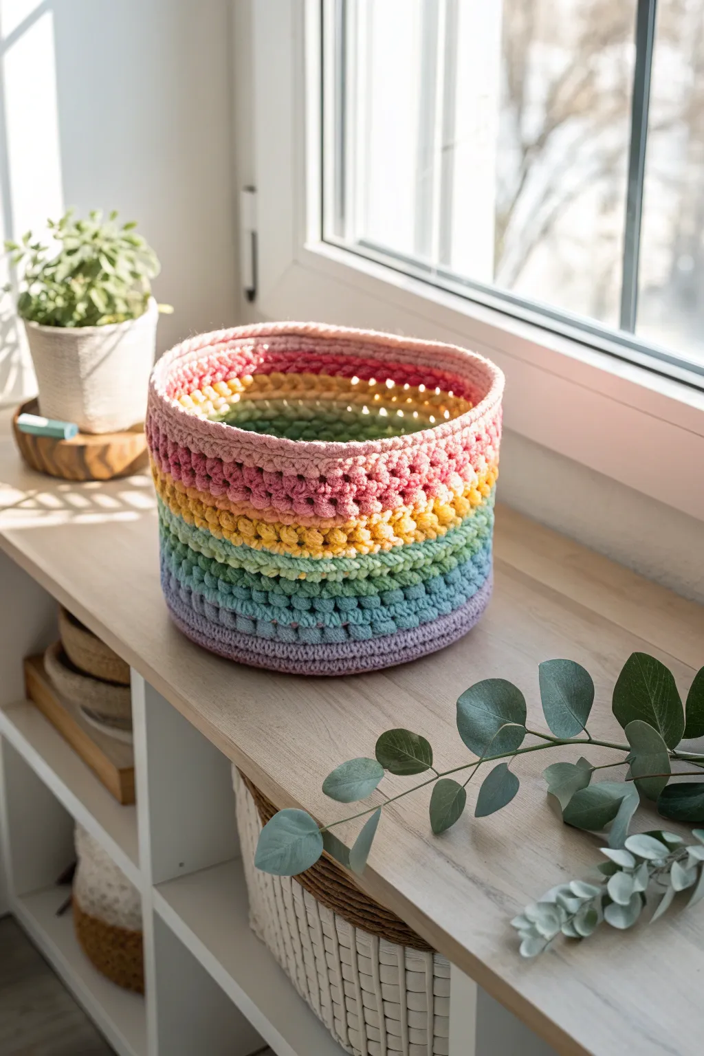 Add a splash of color to your space with this charming rainbow crochet basket – perfect for organizing with style.