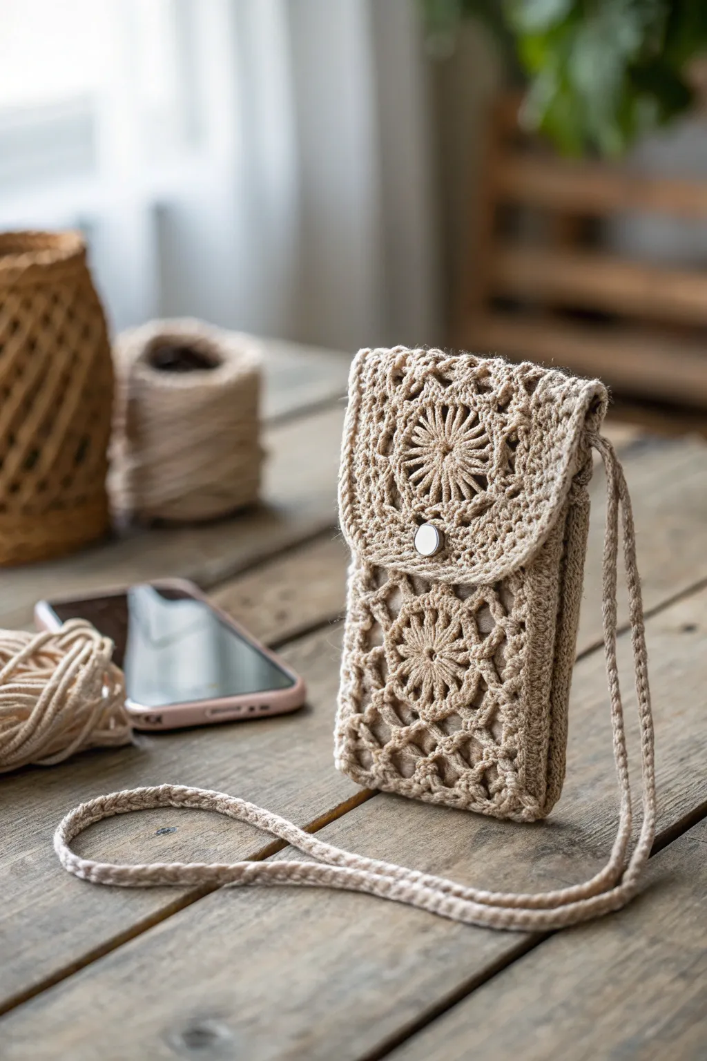 Elevate your tech style with a handcrafted crochet pouch – simplicity meets natural beauty.