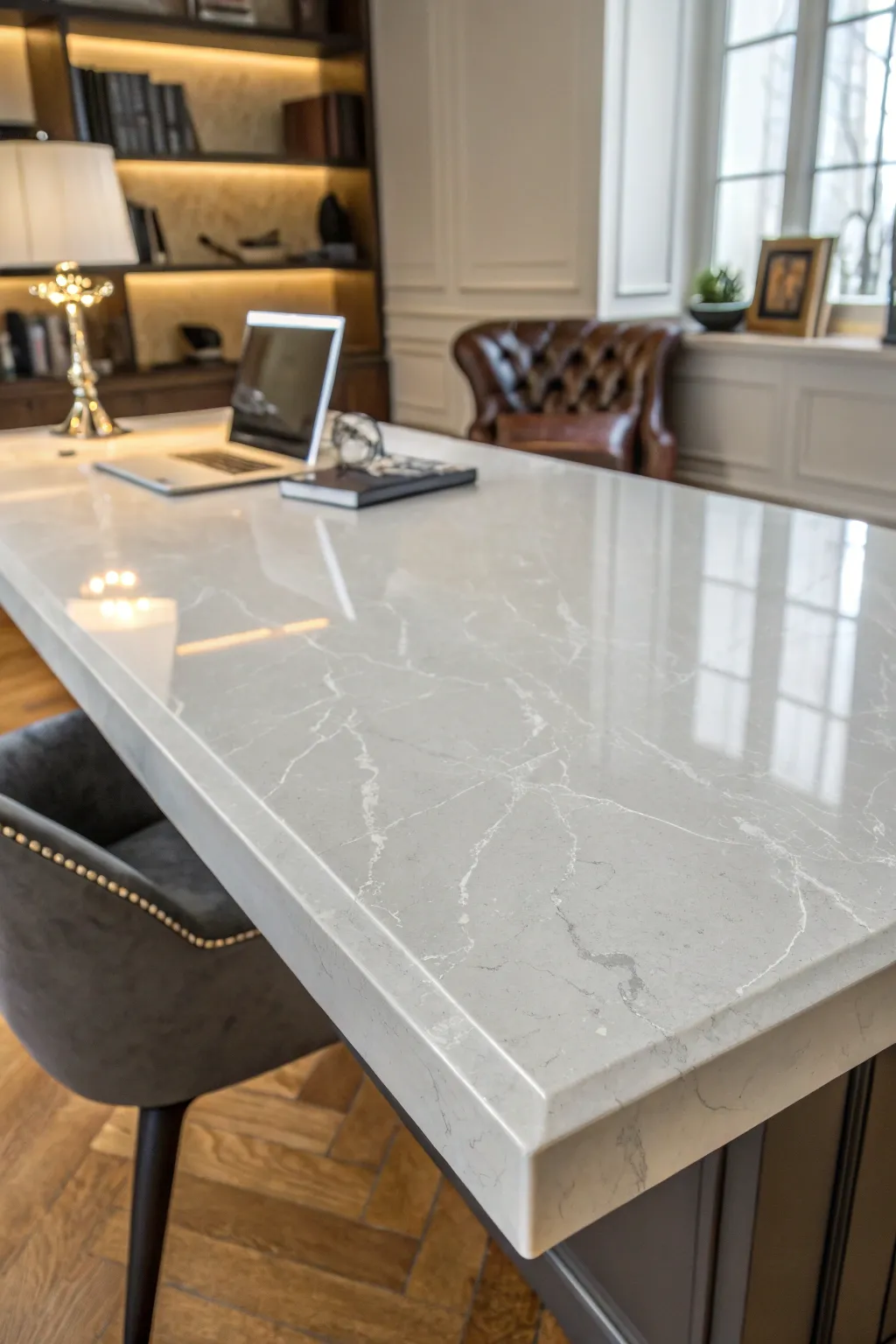 Transform your home office with the timeless elegance of a quartz desk surface.