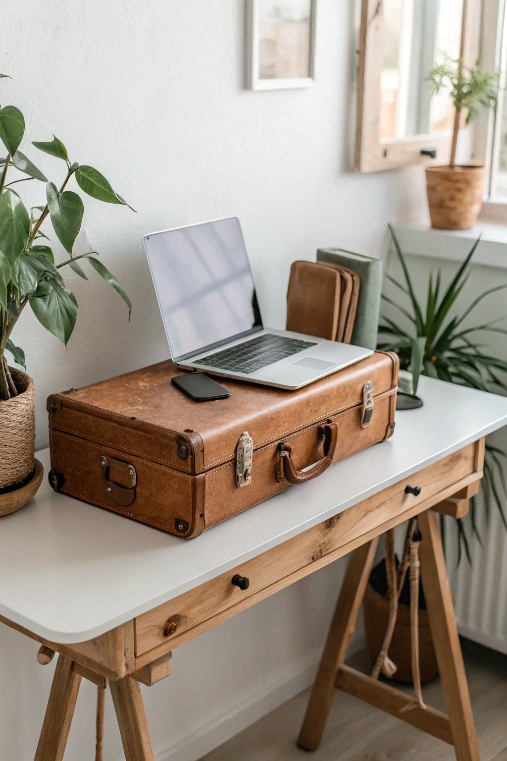 Elevate your workspace with vintage charm: A suitcase laptop stand for the perfect blend of old and new.