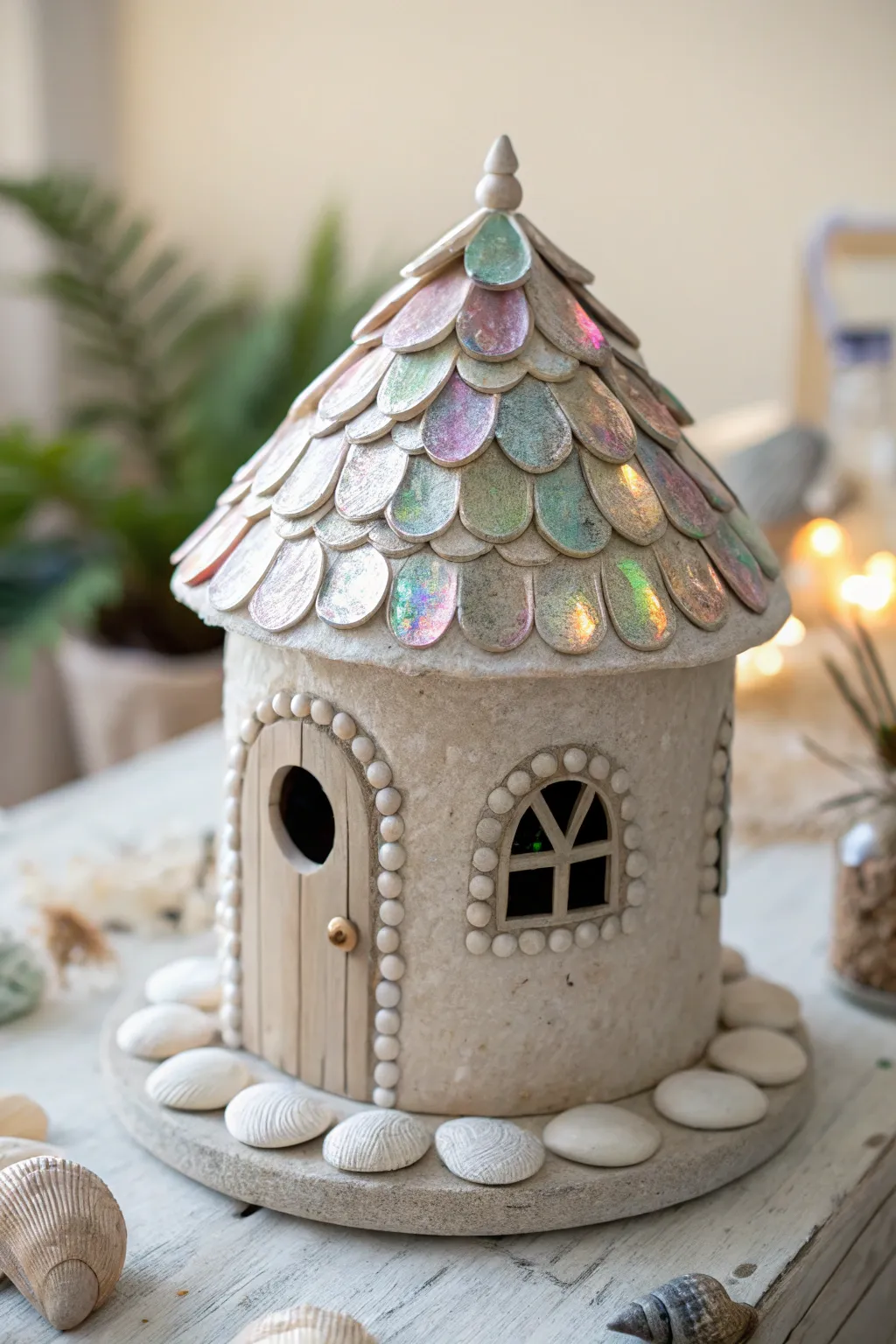 Discover the magic of simplicity with a shell-topped fairy house that enchants with its iridescent charm.