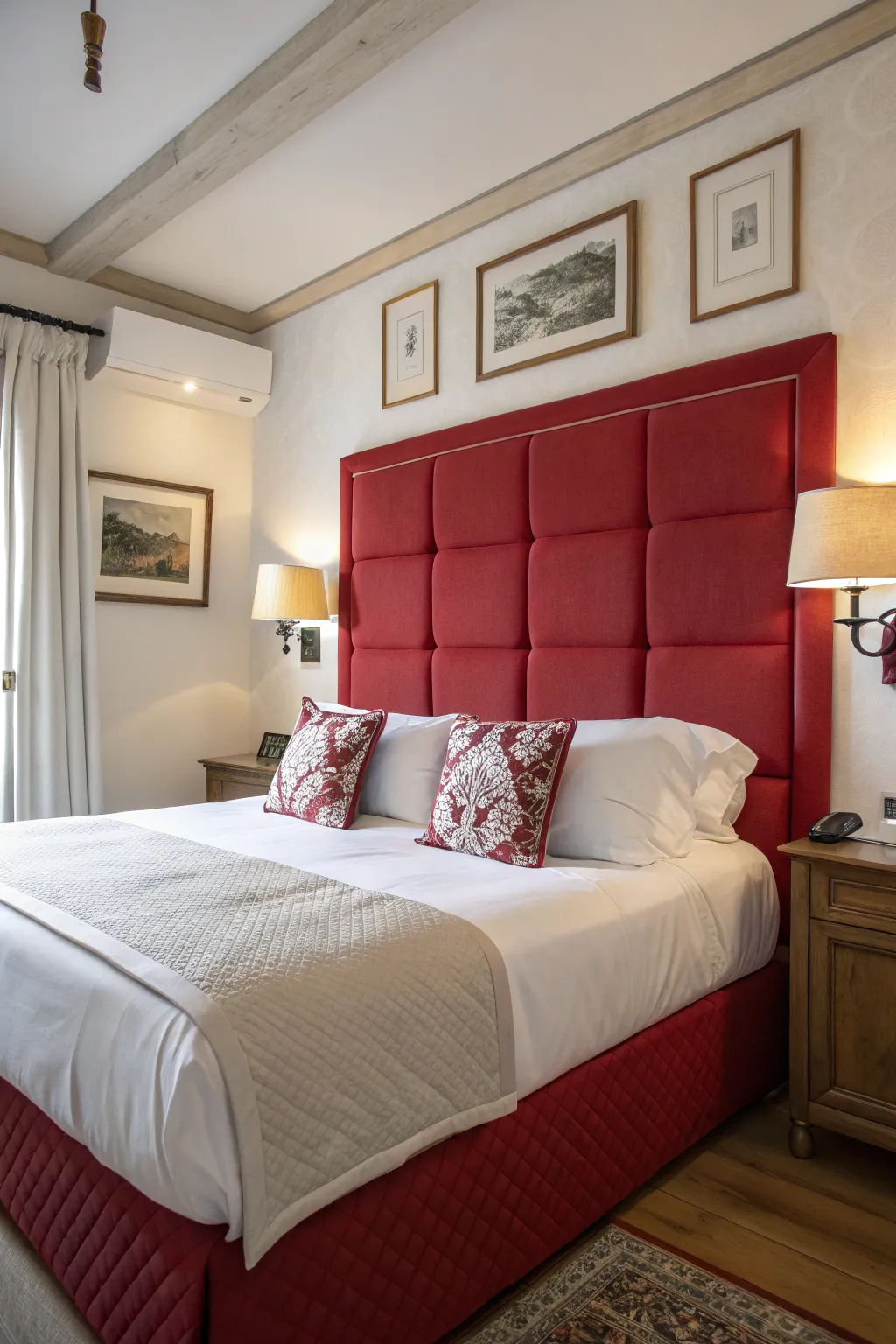 A striking red headboard acts as the focal point of this elegant bedroom.