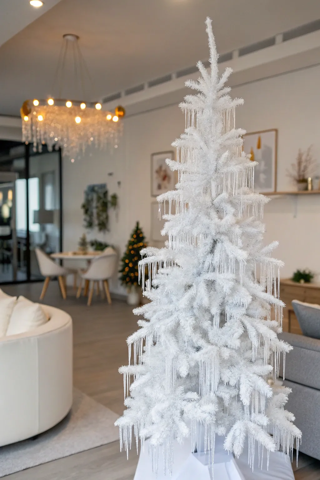 Icy white icicles create a striking and elegant tree topper.