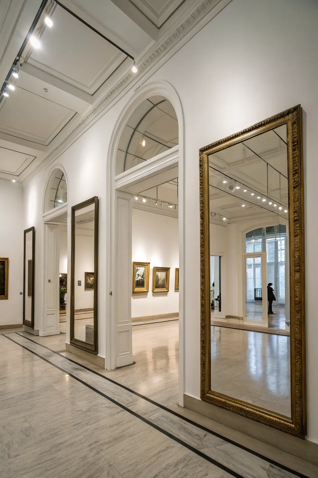 Mirrors enhance light and space on white walls.