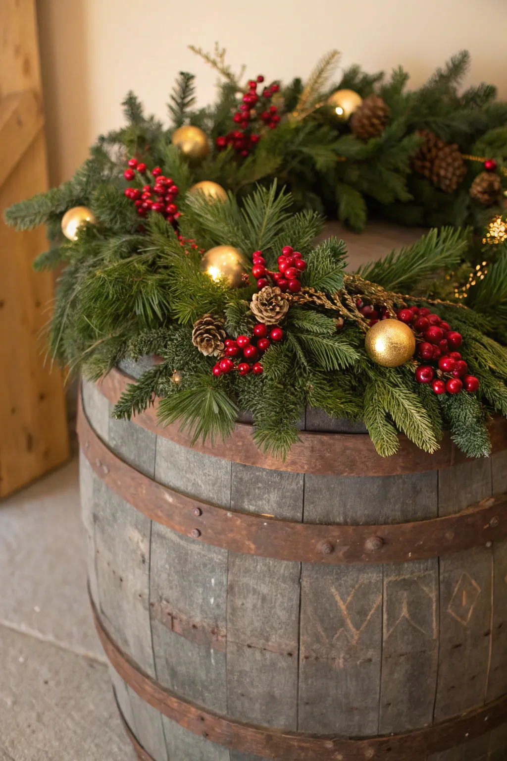 Crafted Elegance: Transforming a Wine Barrel Ring into a Festive Christmas Wreath.