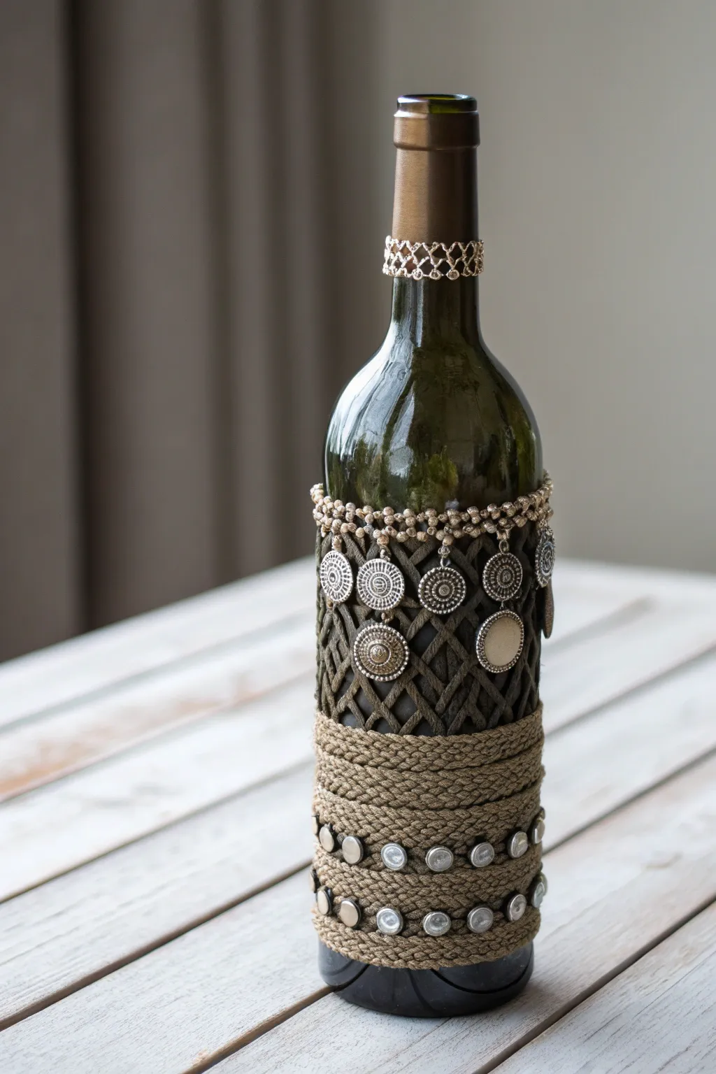 Transform your wine bottle into a boho masterpiece with handcrafted charms and a touch of elegance.