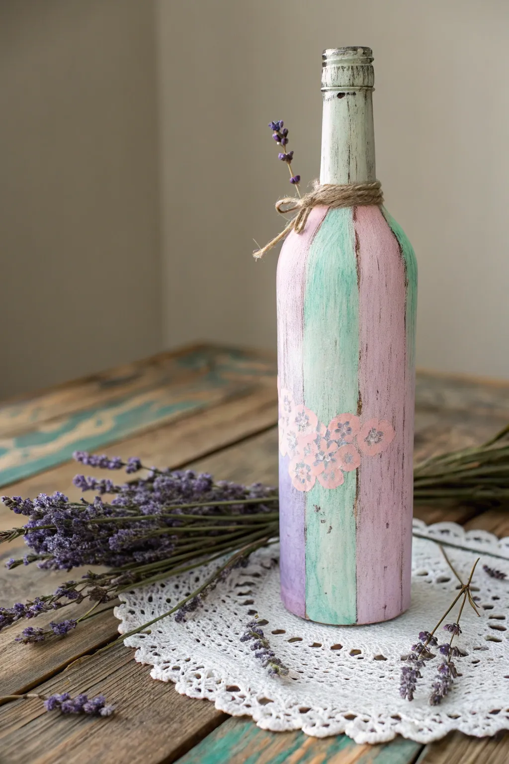 Transform your space with a touch of romantic shabby chic elegance. #DIYDecor #WineBottleArt