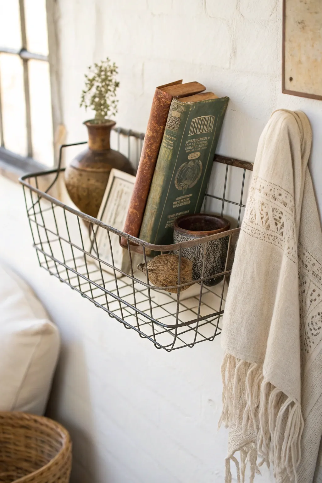 Elevate your decor with a touch of vintage charm using wire baskets as floating shelves.