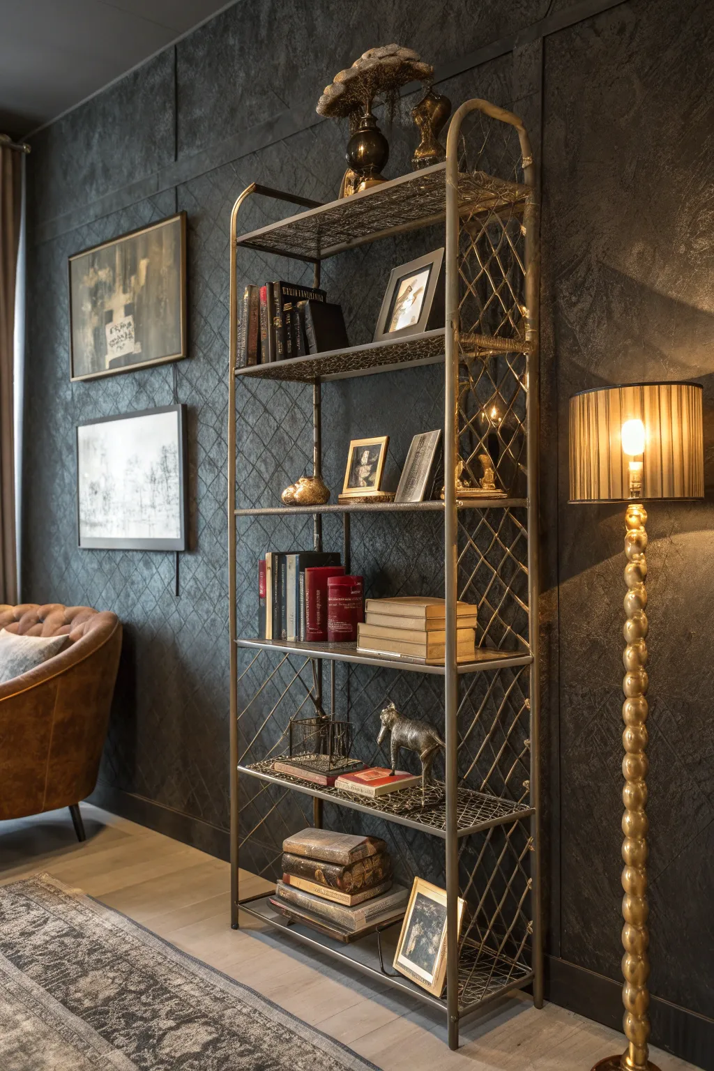 Elevate your living room with a wire bookshelf that marries functionality and art.