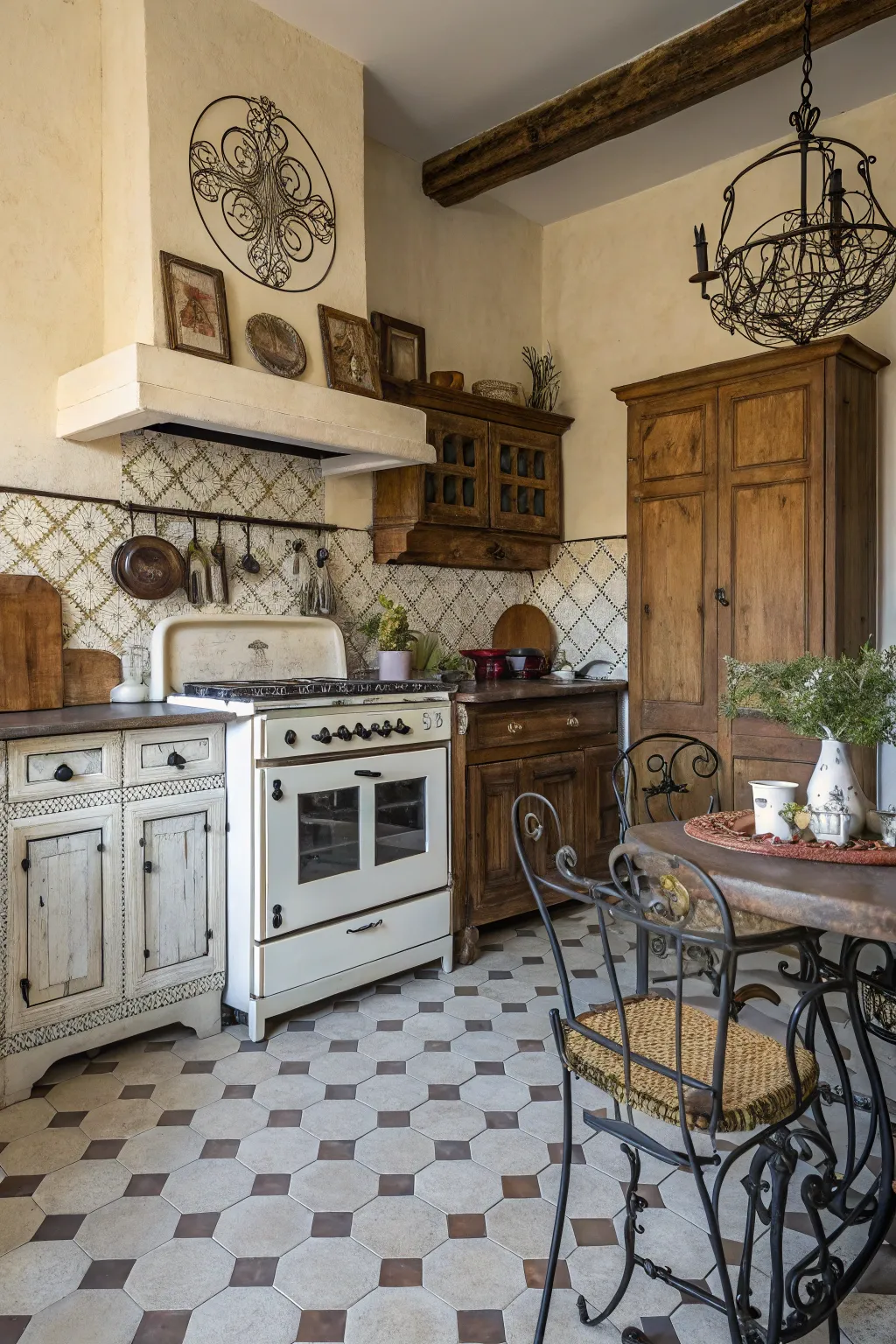 Wrought iron accents add depth and historical charm.