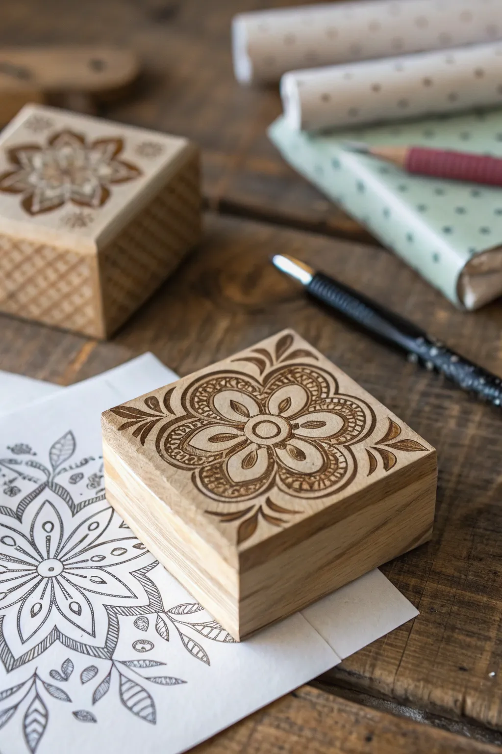 Unleash your creativity with handcrafted wooden block stamps for unique gift wrap and stationery designs.