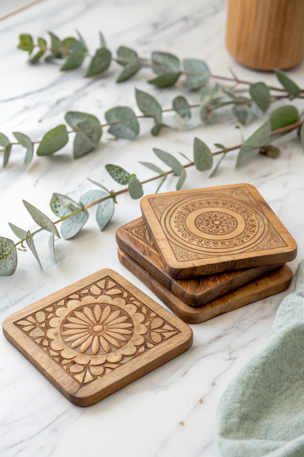 Elevate your table setting with these customizable wooden coasters, where minimalist design meets boho charm.