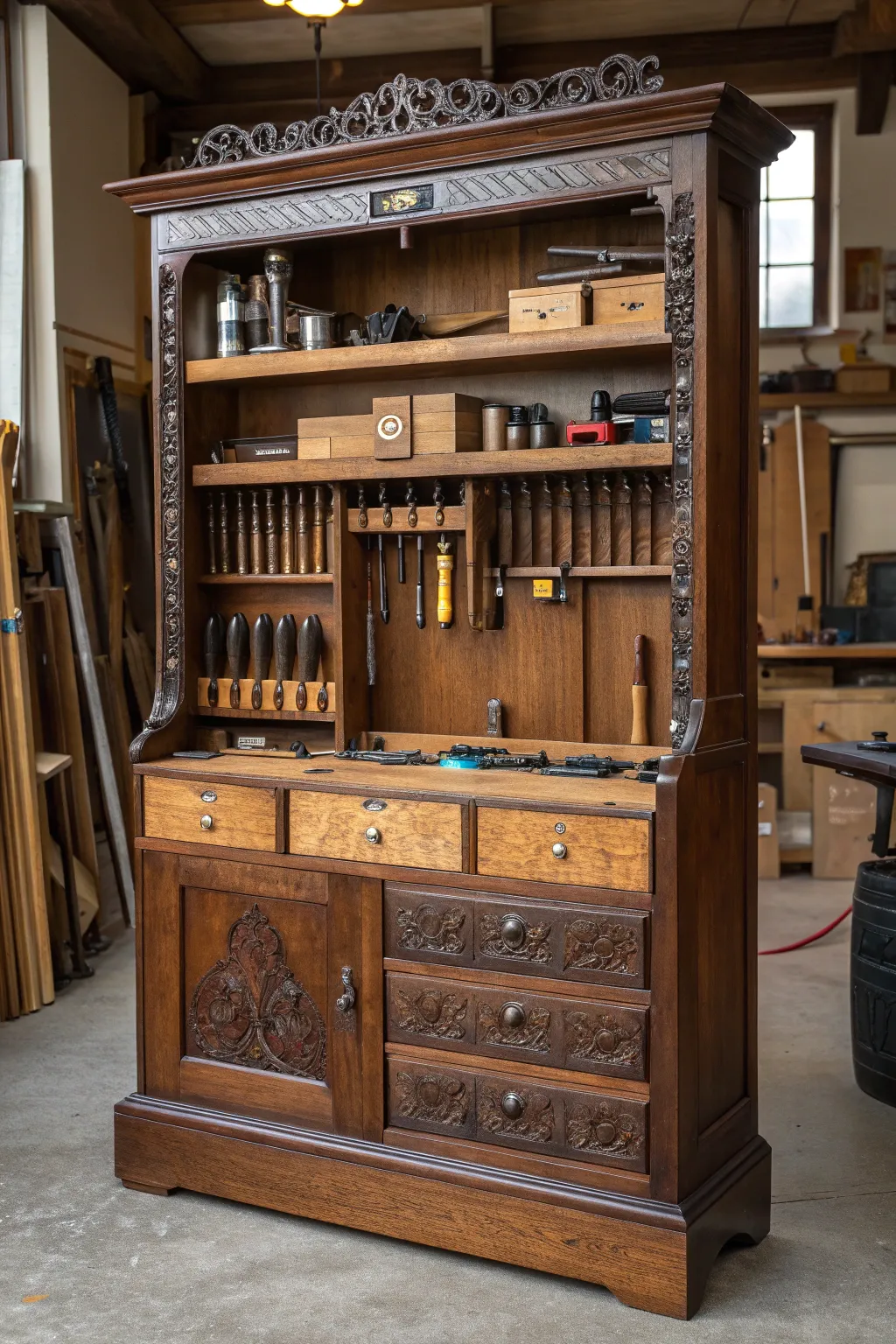 Elevate your workshop with a touch of vintage elegance: repurpose old furniture into a stylish tool storage masterpiece.