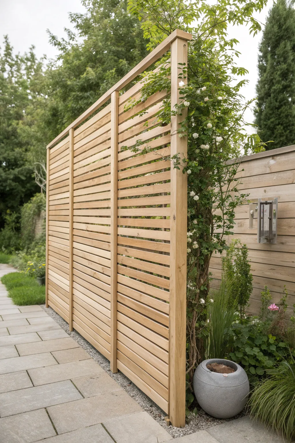 Transform your backyard into a serene oasis with a minimalist wood slat privacy screen.