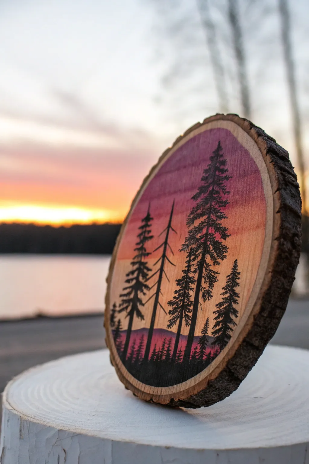 Bring tranquility to your space with enchanting forest silhouettes on rustic wood slices.