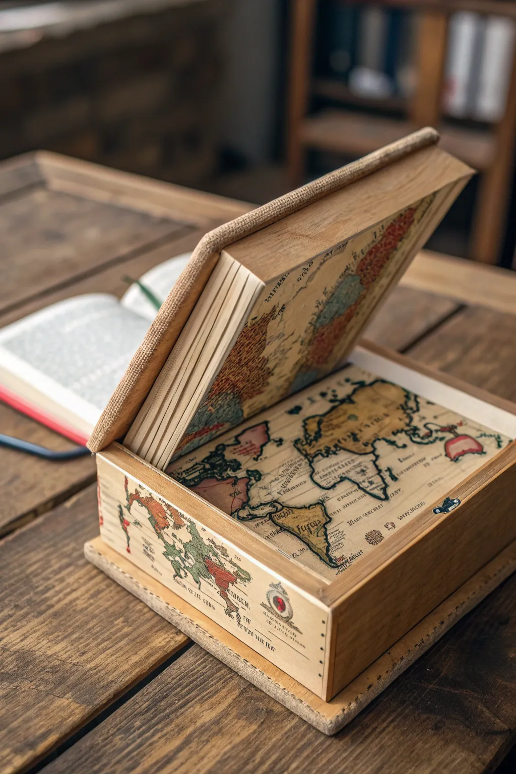 Discover new worlds with this vintage map book box—perfect for storing your travel dreams and memories.