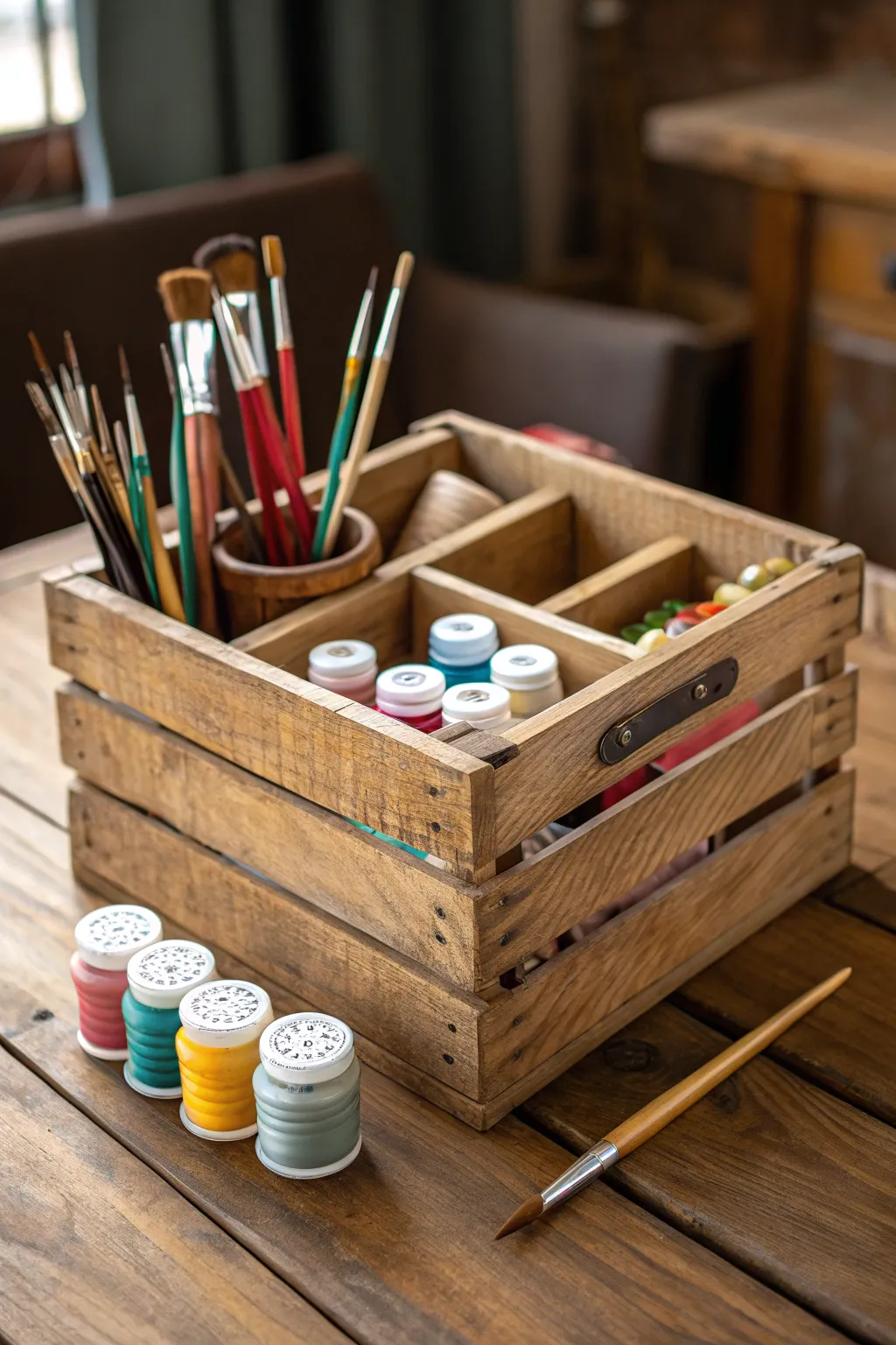 Transform creative chaos into organized artistry with a handcrafted wooden crate.