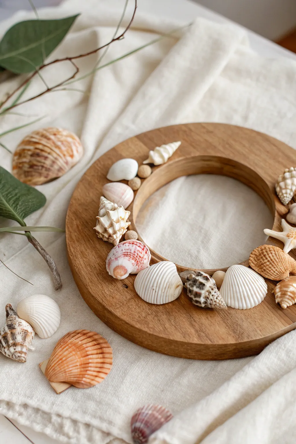 Embrace coastal charm with a seashell-adorned wooden wreath, perfect for adding a touch of the beach to your home decor.